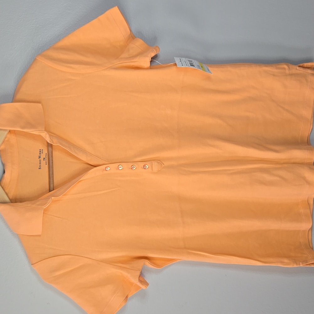 Studio Works Women's Medium Petite Orange Button Front Polo Shirt NEW